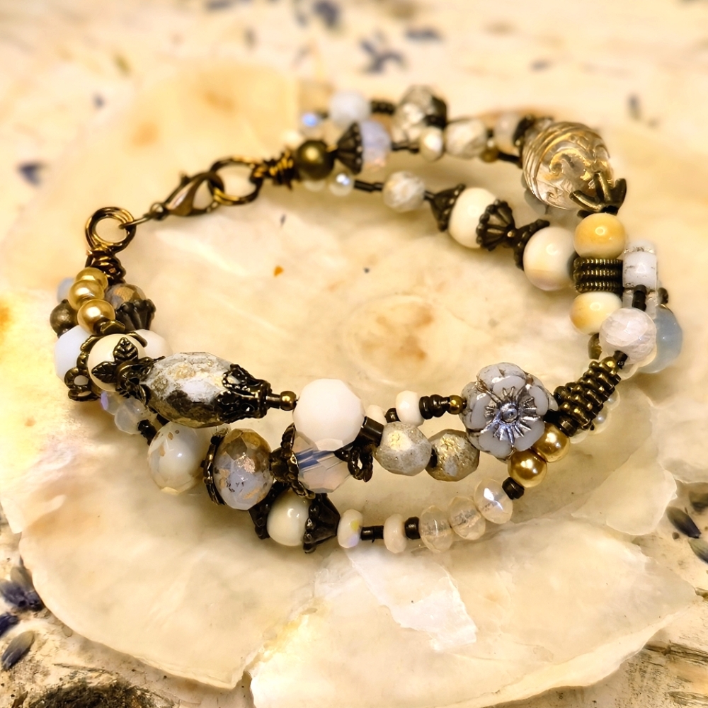 Antique White Glass Druid Flower Wreath Wrap Bracelet In Brass